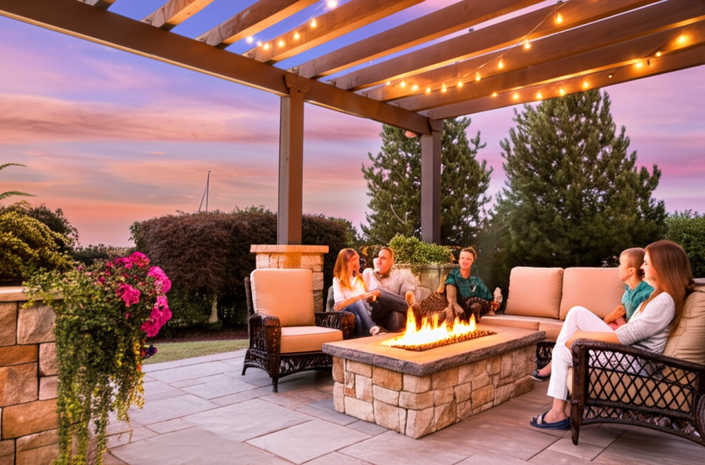 Custom fire pit with family gathering