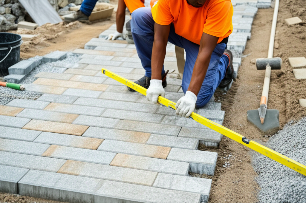 Workers installing pavers